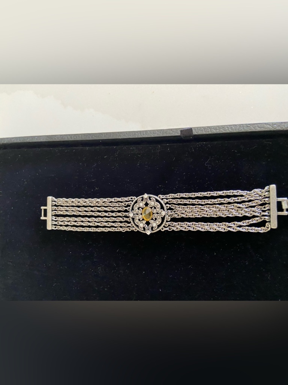 Pewter Bracelet Multi Chain Spiral Cable Strands Central Yellow Rhinestone Plate